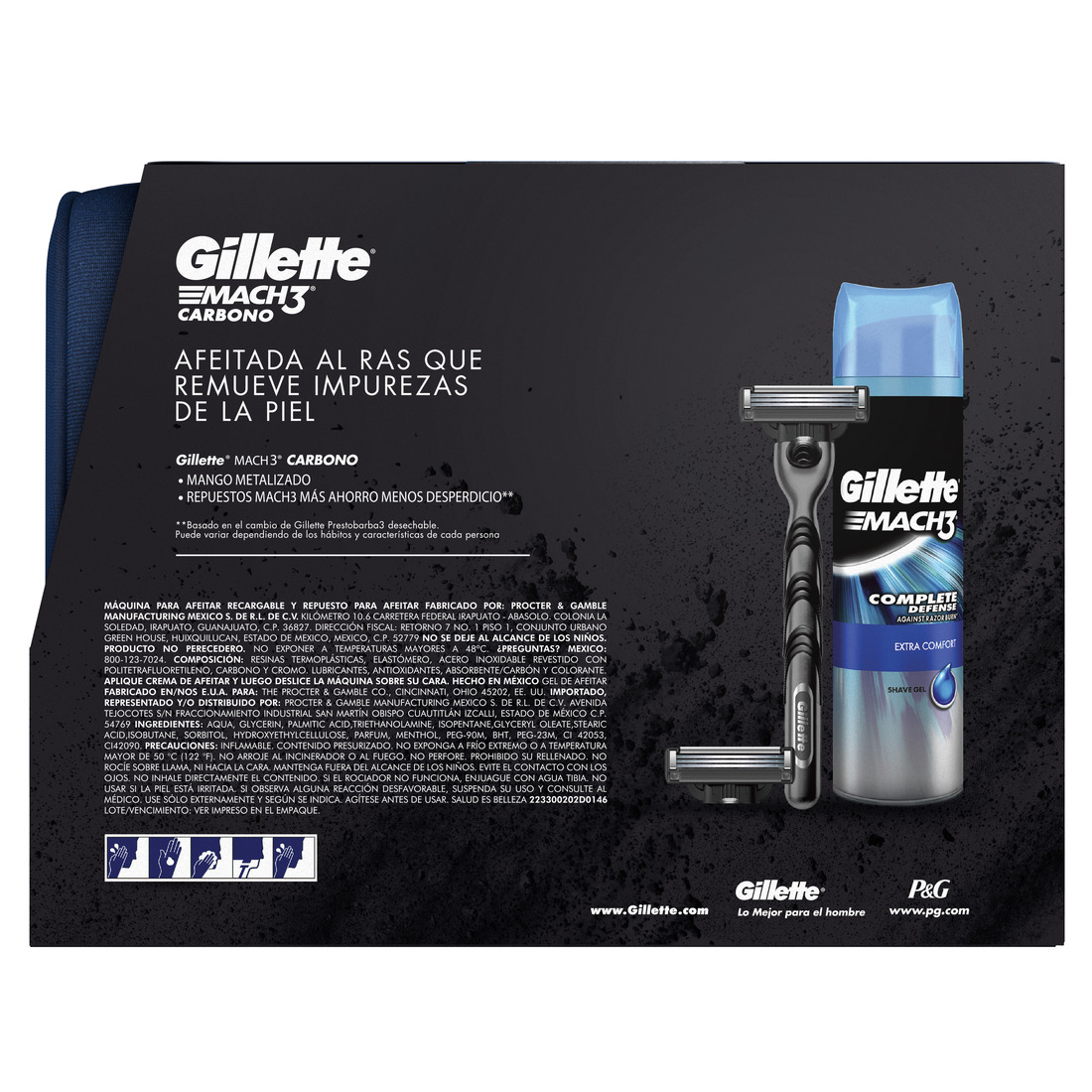 Pack Rastrillo Gillette Mach3 Carbono + Repuesto con Carbón Activado y Gel para Afeitar de 200 mL