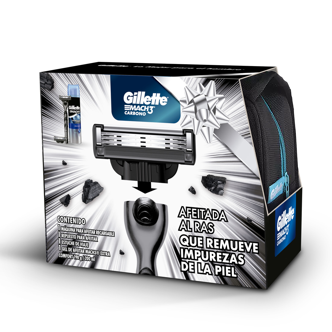 Pack Rastrillo Gillette Mach3 Carbono + Repuesto con Carbón Activado y Gel para Afeitar de 200 mL