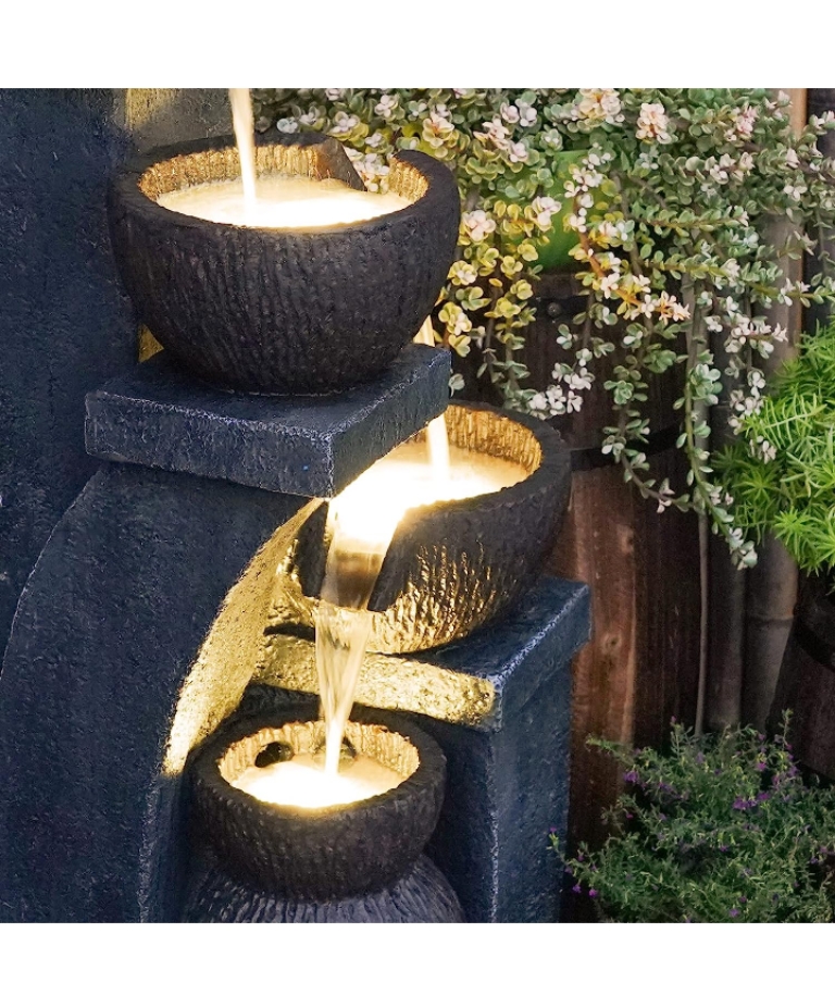 Fuente de agua al aire libre, 4 niveles de cascada de pie, fuente de agua  decorativa al aire libre con luz LED para interiores y exteriores, hogar