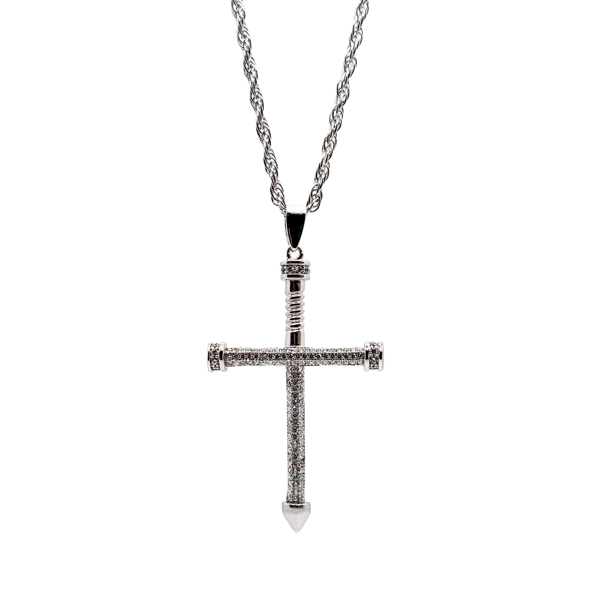 Cadena y Cruz de plata .925 Hombre Estilo clavo con piedra zirconia, Incluye certificado y caja de regalo