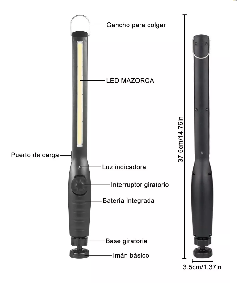 Lámpara Recargable Luz Mecánica Led Luz Recargable De Mano Negro