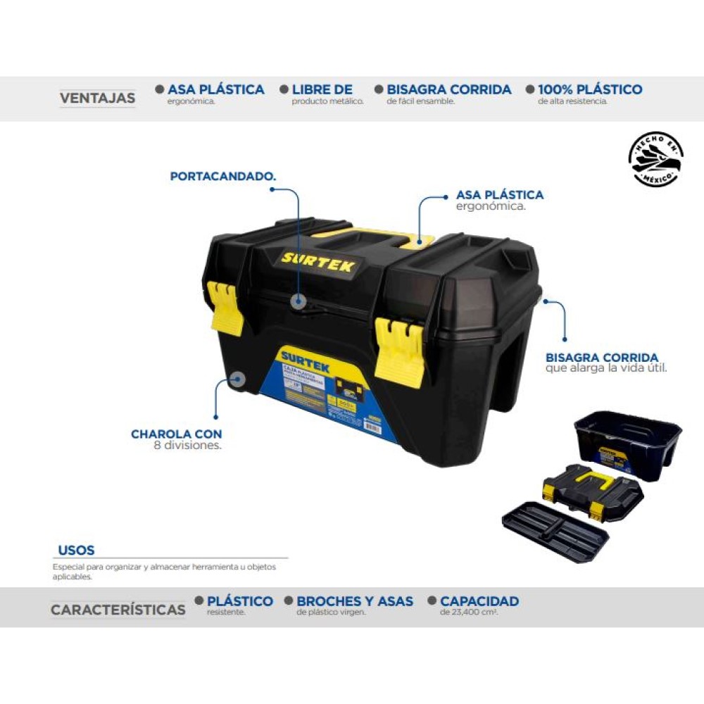 Caja Porta Herramientas Plástica Con Broches Cps19p Surtek