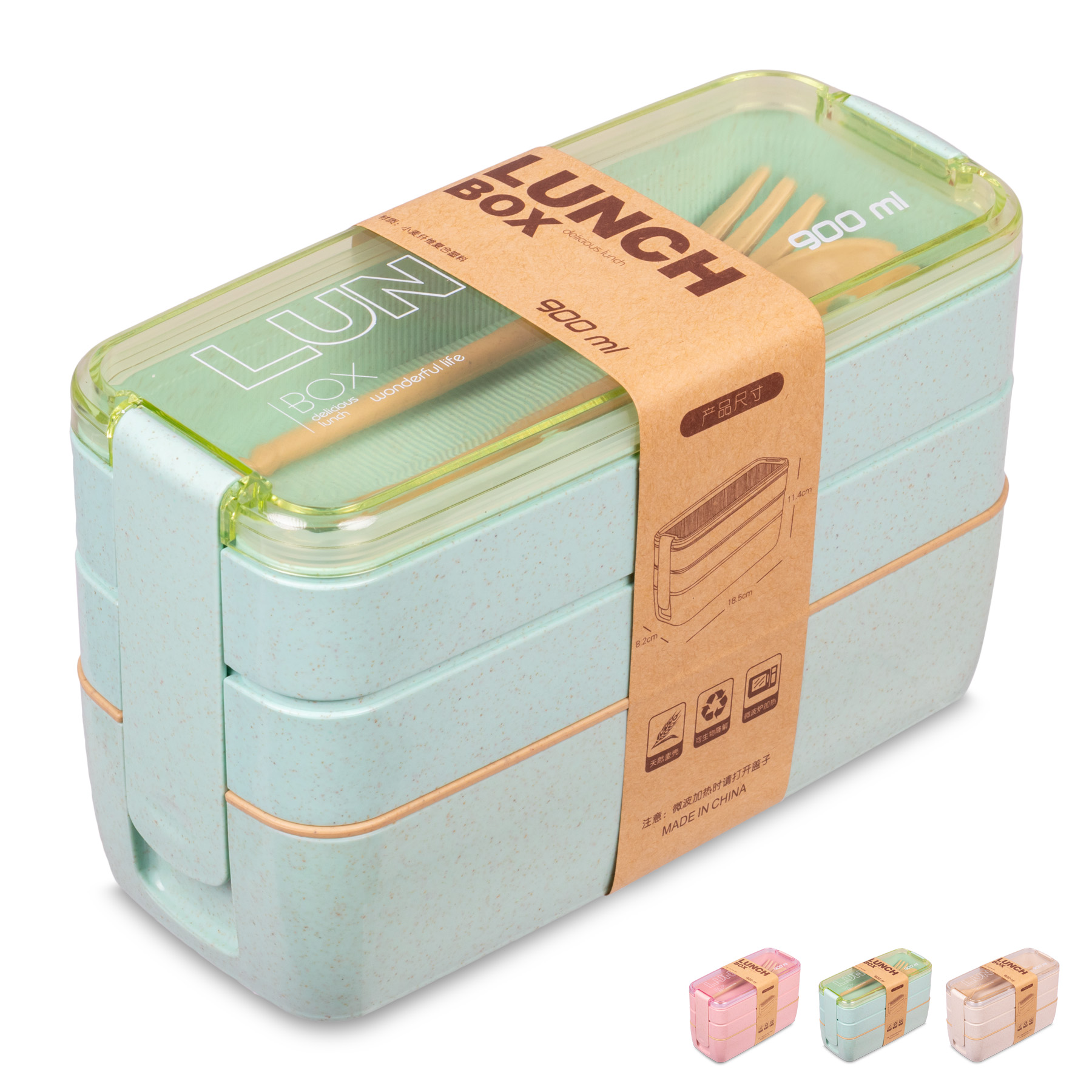 Lunch Box con 3 Compartimentos Magma Life Incluye Cuchara y Tenedor 900 ml (Verde)