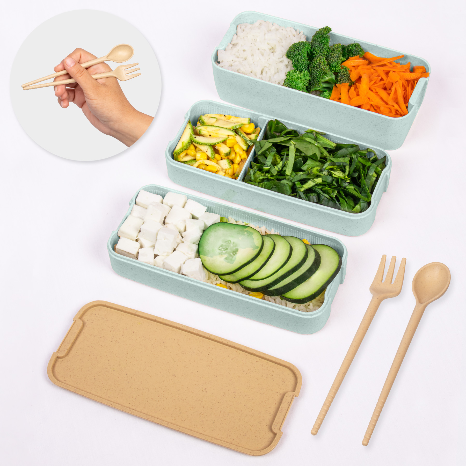 Lunch Box con 3 Compartimentos Magma Life Incluye Cuchara y Tenedor 900 ml (Verde)