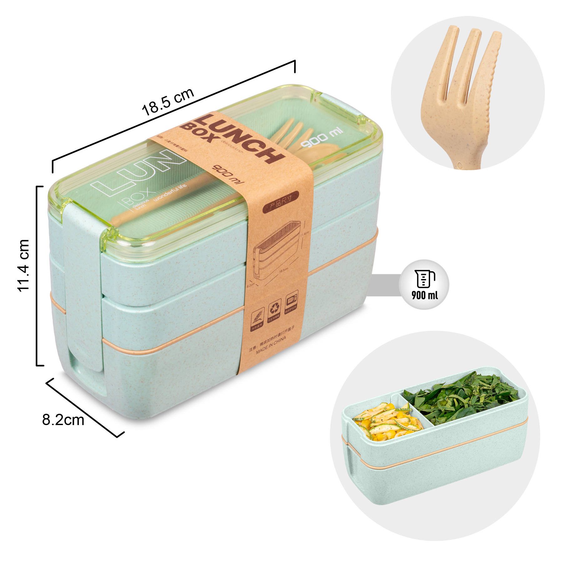 Lunch Box con 3 Compartimentos Magma Life Incluye Cuchara y Tenedor 900 ml (Verde)