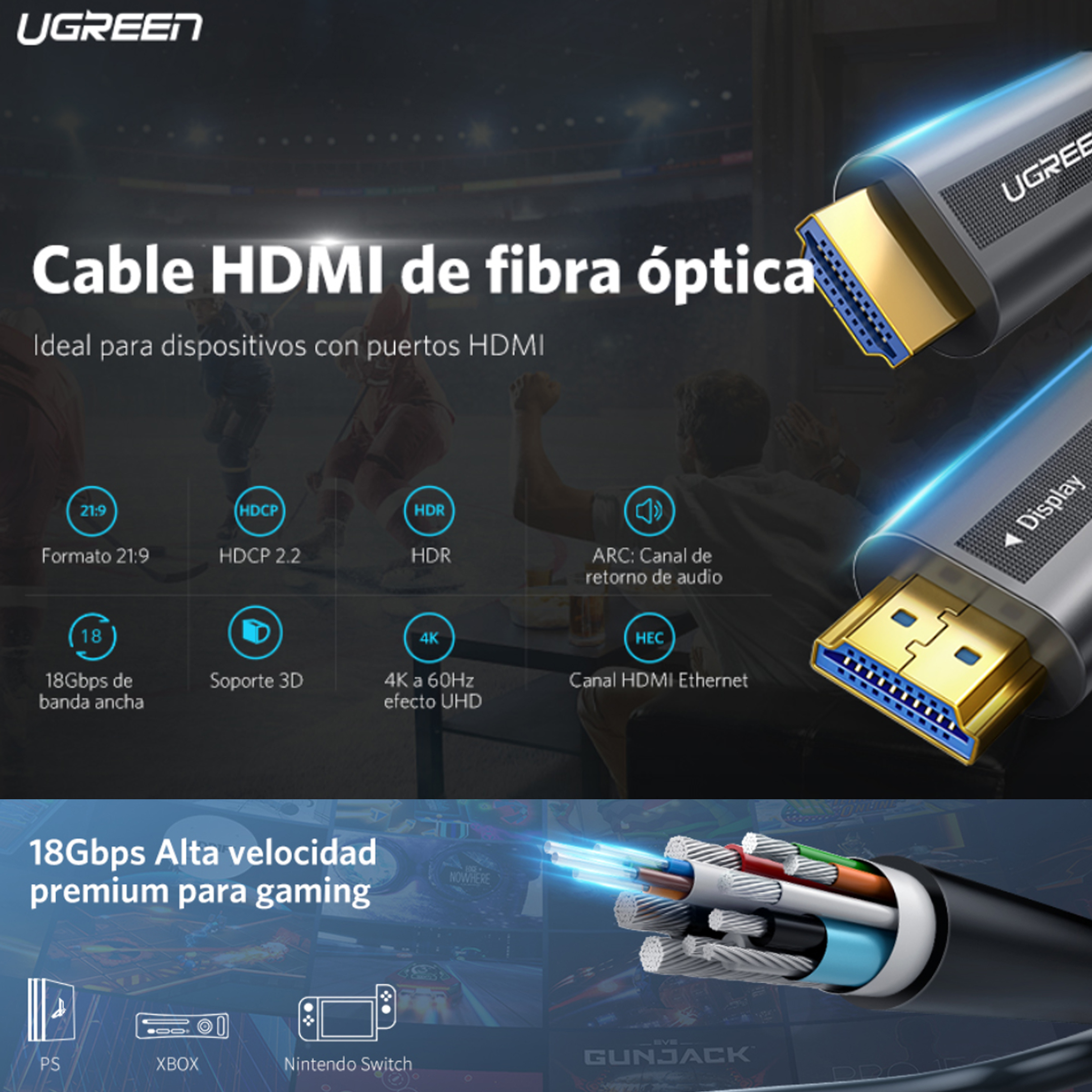 Cable Hdmi De 50 Metros Por Fibra Óptica 4k A 60hz Ugreen