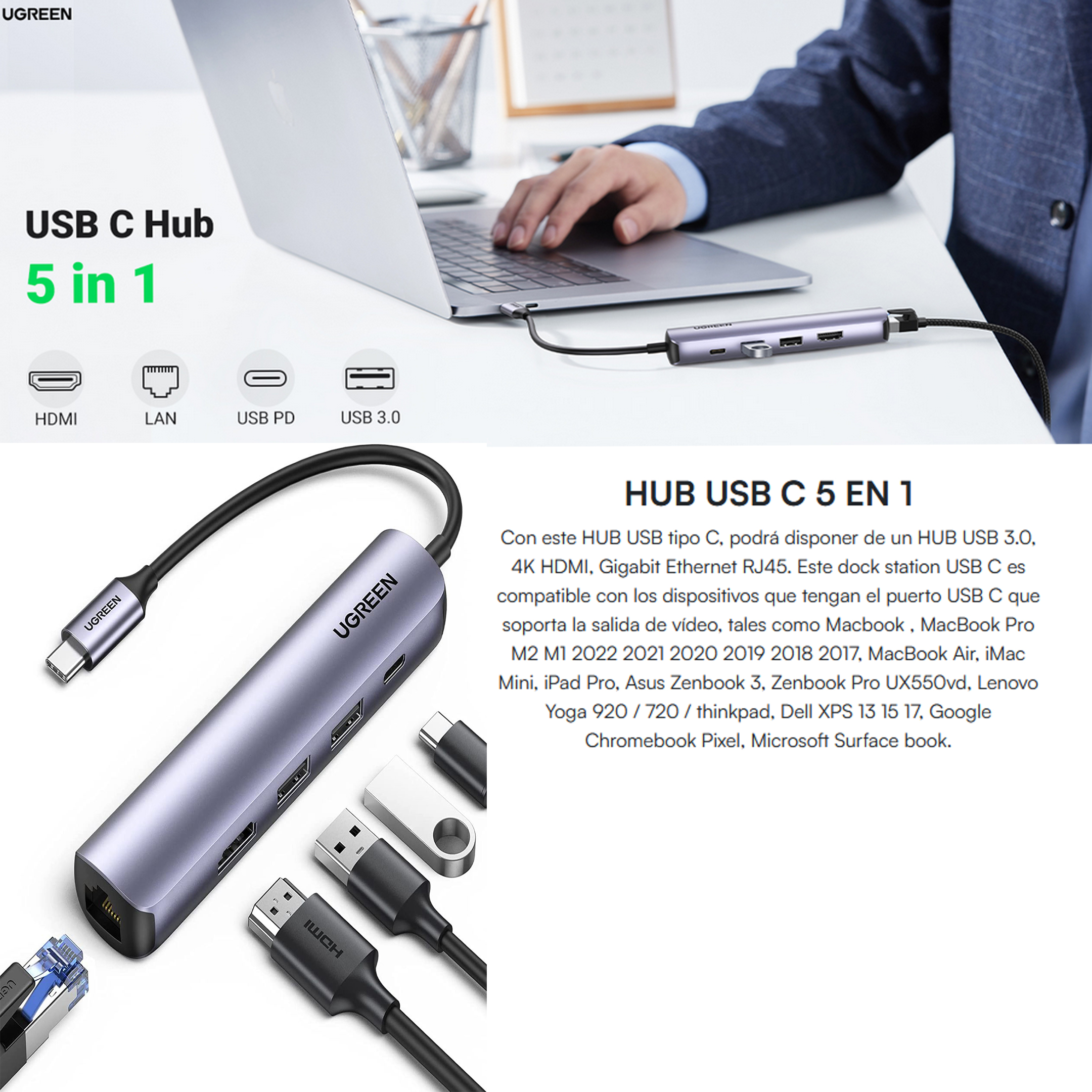 Hub Usb Tipo C 2 Puertos Usb 3.0 A 5 Gbps, Hdmi 4k a 30hz, Rj45 ,gigabit Ethernet Y Carga Rápida 100w