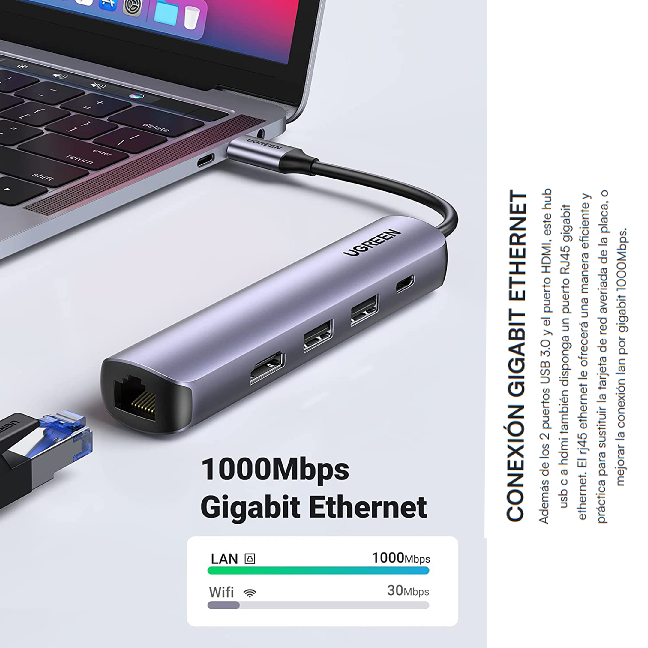 Hub Usb Tipo C 2 Puertos Usb 3.0 A 5 Gbps, Hdmi 4k a 30hz, Rj45 ,gigabit Ethernet Y Carga Rápida 100w