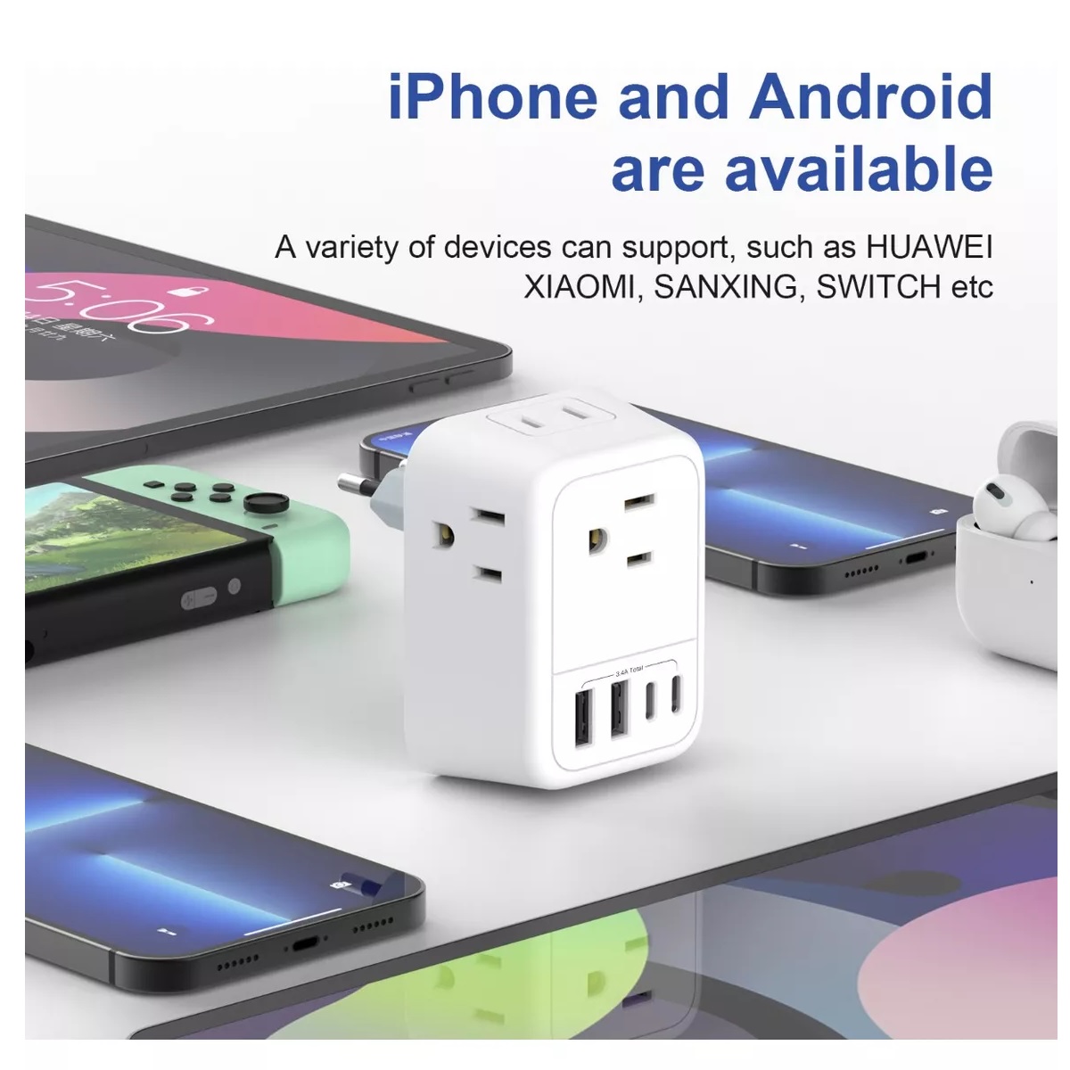 Adaptador De Europeo 4 Enchufes Con Puertos 2tipo C Y 2usb