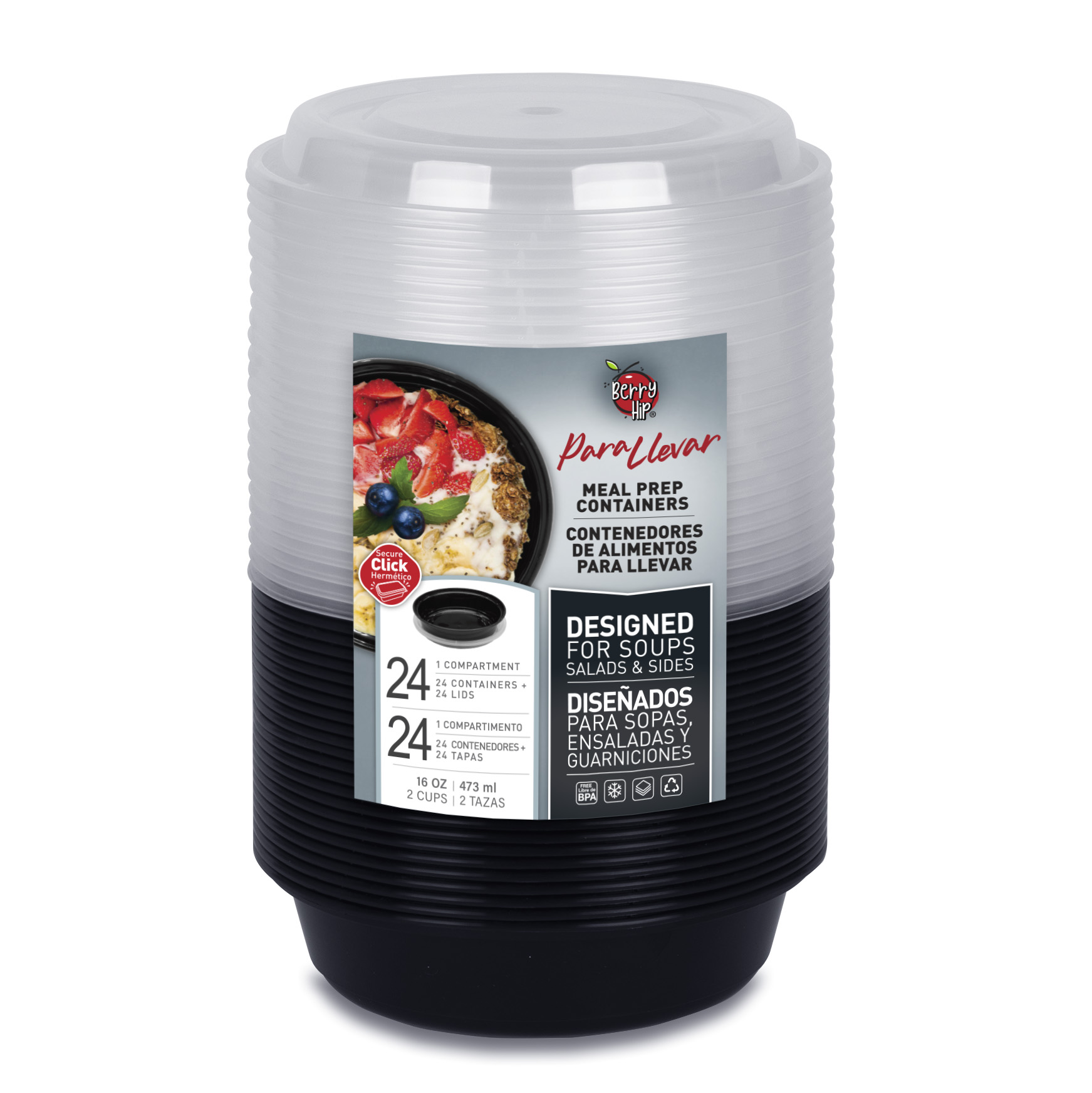 24 Contenedores Reutilizables para Alimentos, tipo Bowl Berry Hip 473 ml (16 oz),