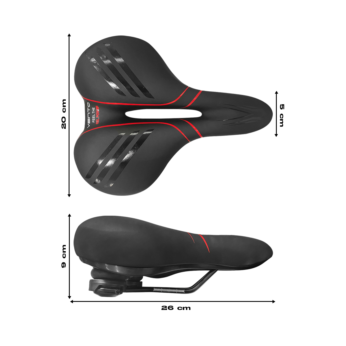 Asiento Gel Bicicleta Prostático Confortable con Elastómeros Vento Negro con Rojo