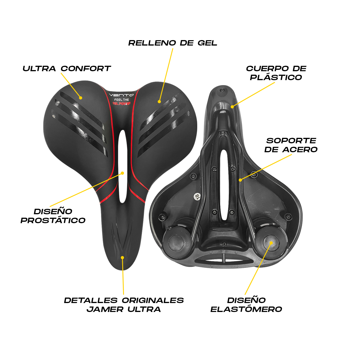 Asiento Gel Bicicleta Prostático Confortable con Elastómeros Vento Negro con Rojo