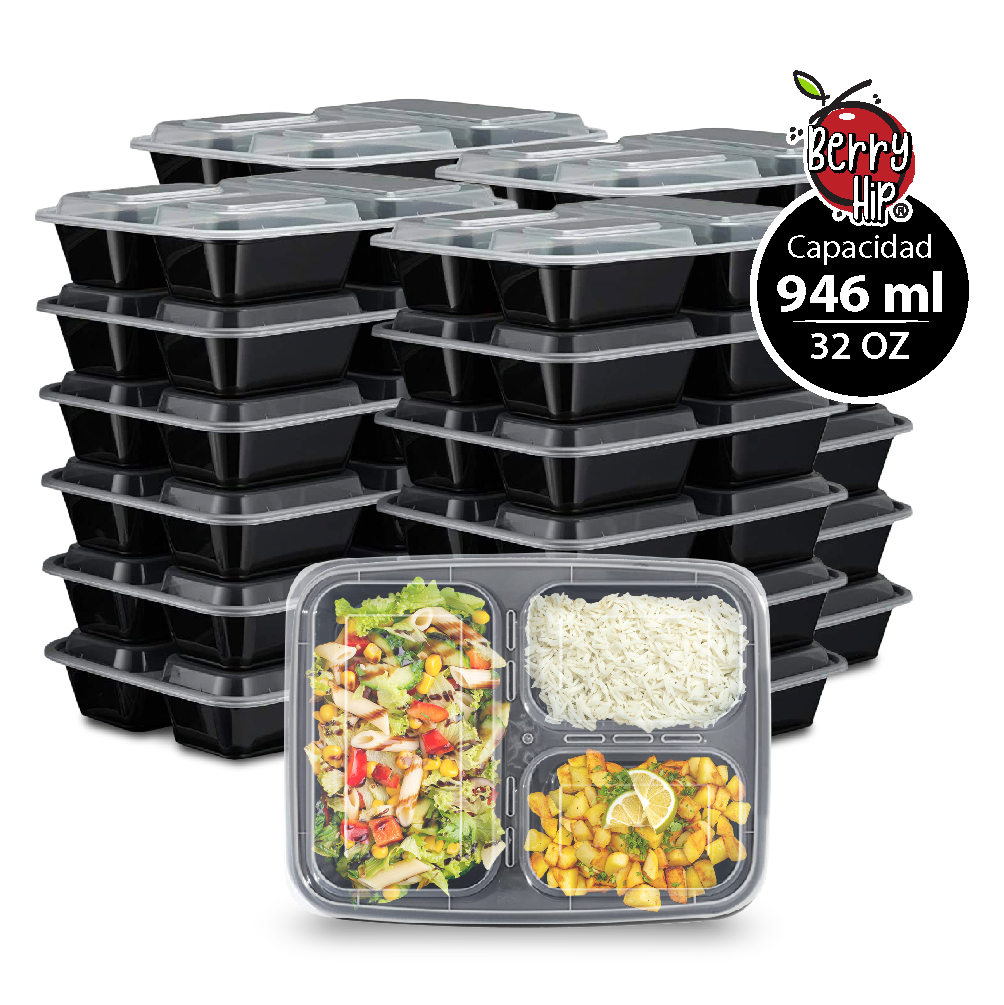 24 Contenedores Reutilizables para Alimentos, Tipo Bento Rectangular con Divisiones Berry Hip 946 ml (32 oz)