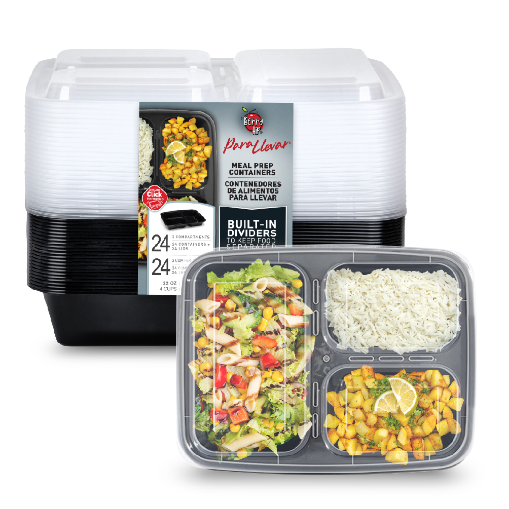 24 Contenedores Reutilizables para Alimentos, Tipo Bento Rectangular con Divisiones Berry Hip 946 ml (32 oz)