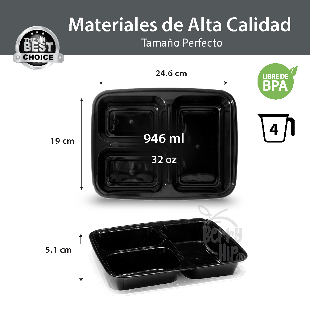 24 Contenedores Reutilizables para Alimentos, Tipo Bento Rectangular con Divisiones Berry Hip 946 ml (32 oz)
