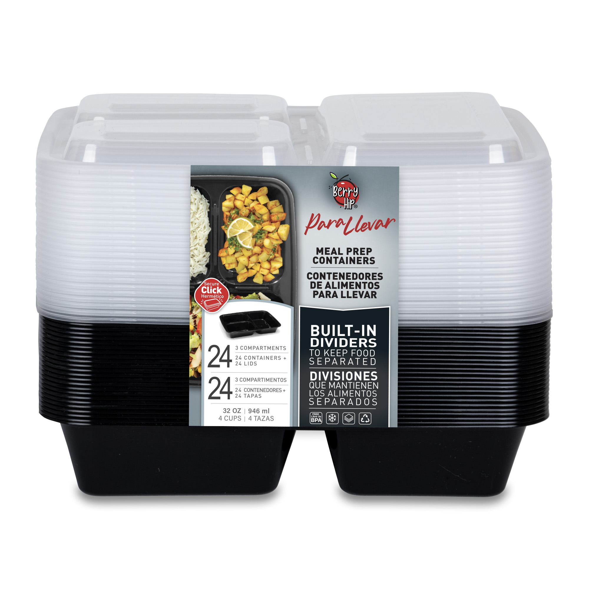 24 Contenedores Reutilizables para Alimentos, Tipo Bento Rectangular con Divisiones Berry Hip 946 ml (32 oz)