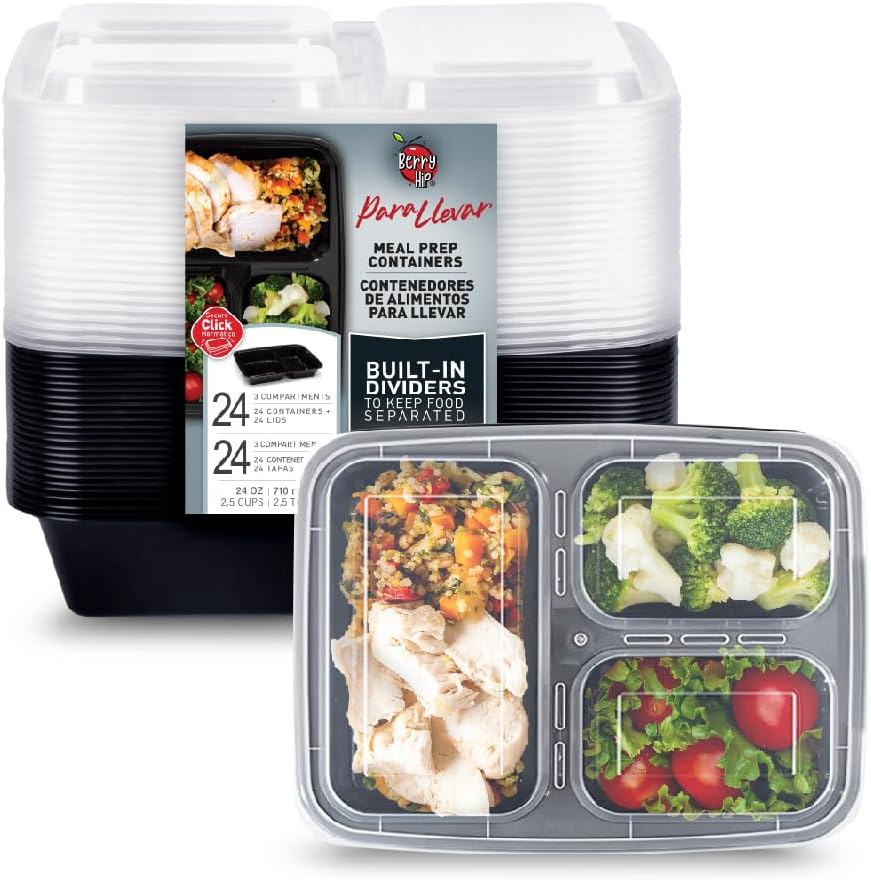 24 Contenedores Reutilizables para Alimentos, Tipo Bento Rectangular con Divisiones Berry Hip 710 ml (24 oz)