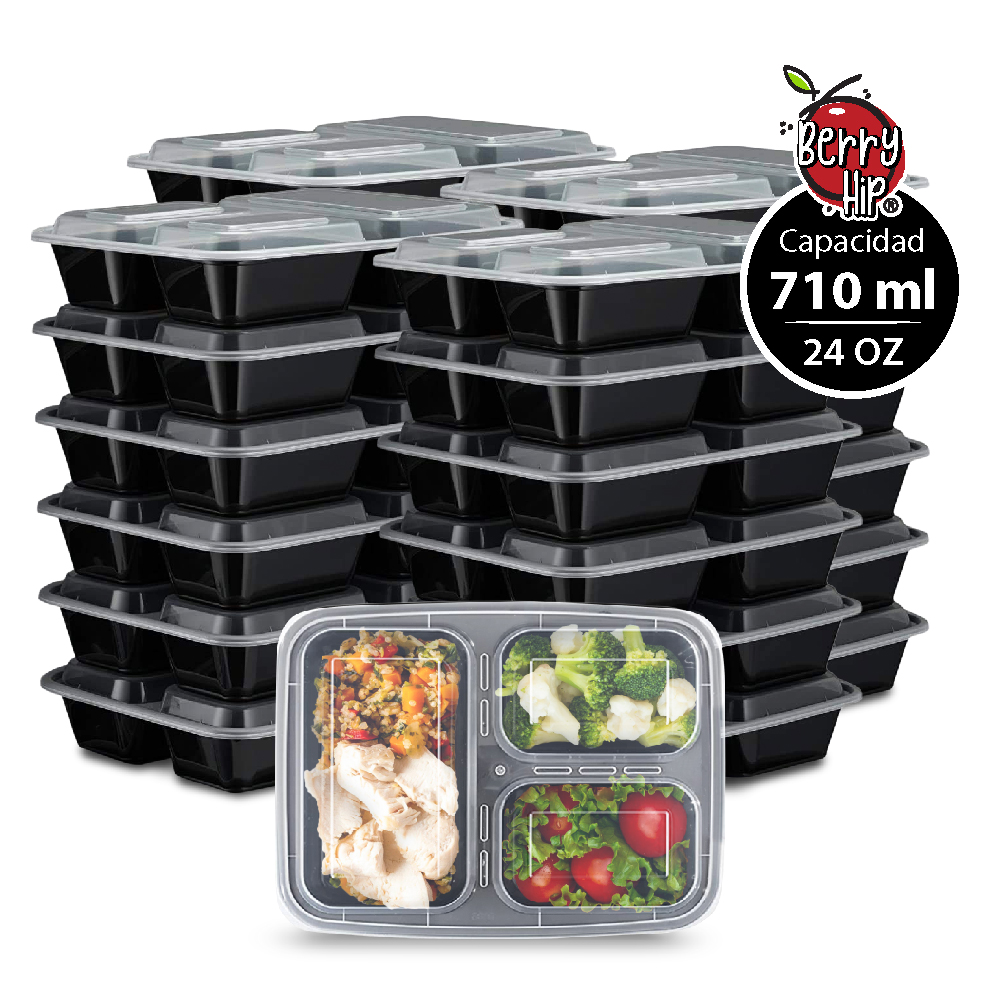 24 Contenedores Reutilizables para Alimentos, Tipo Bento Rectangular con Divisiones Berry Hip 710 ml (24 oz)