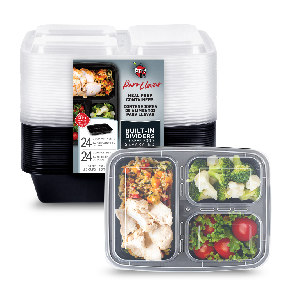 24 Contenedores Reutilizables para Alimentos, Tipo Bento Rectangular con Divisiones Berry Hip 710 ml (24 oz)