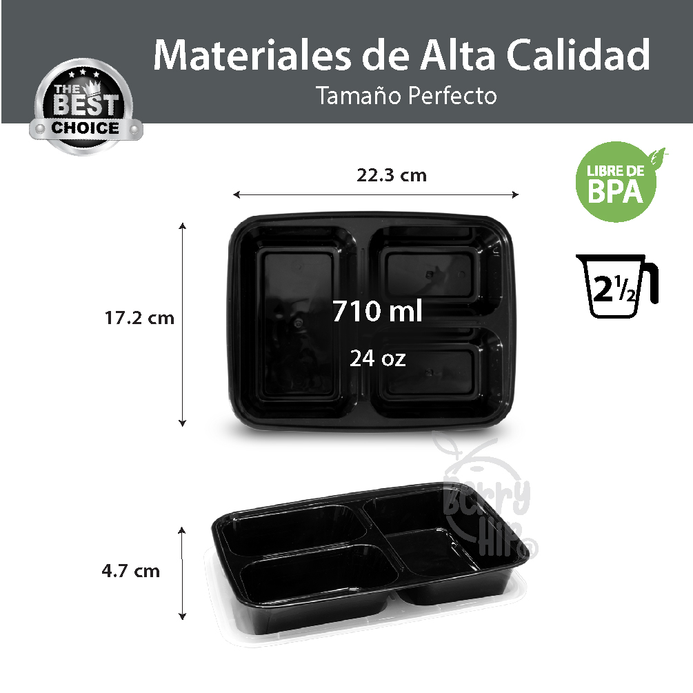 24 Contenedores Reutilizables para Alimentos, Tipo Bento Rectangular con Divisiones Berry Hip 710 ml (24 oz)