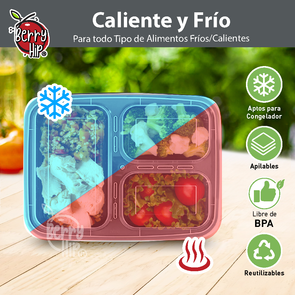 24 Contenedores Reutilizables para Alimentos, Tipo Bento Rectangular con Divisiones Berry Hip 710 ml (24 oz)