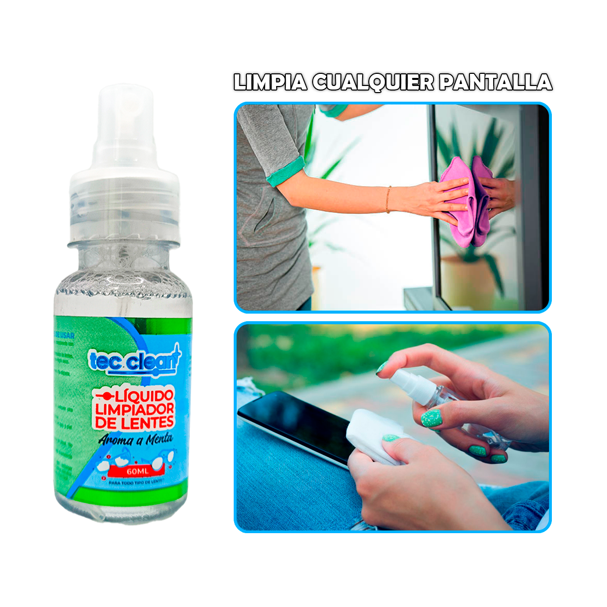Líquido Para Limpiar Lentes Pantalla Celular 60ml 2 Piezas Tec Clean