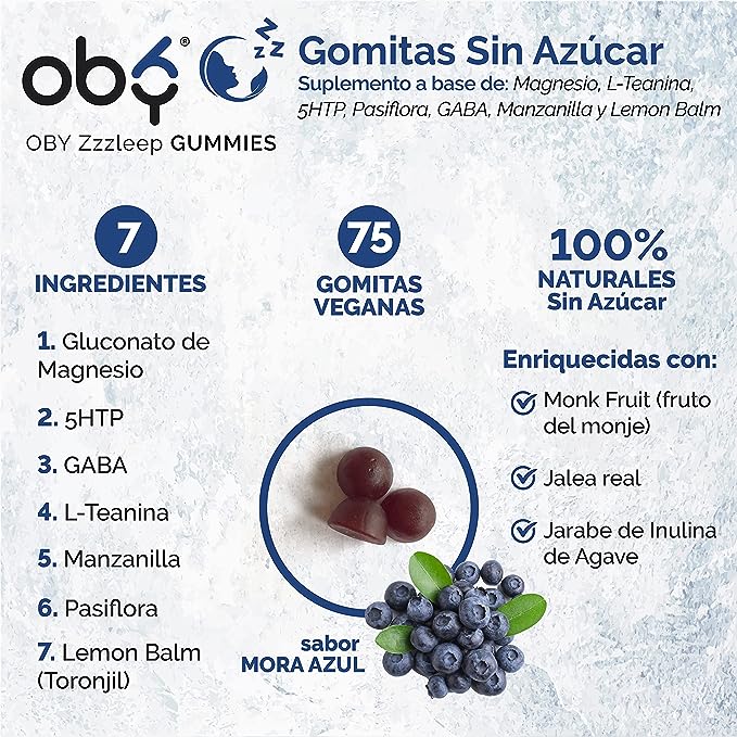 OBY Zzzleep GUMMIES 75 Gomitas de Magnesio, GABA, 5HTP, Pasiflora, Toronjil, L Teanina y Manzanilla | Suplemento alimenticio 100% Vegano - Sabor Mora Azul Sin azucar