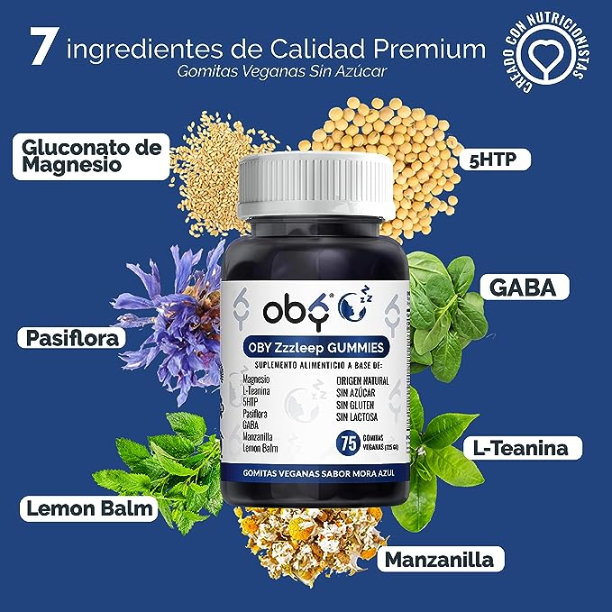 OBY Zzzleep GUMMIES 75 Gomitas de Magnesio, GABA, 5HTP, Pasiflora, Toronjil, L Teanina y Manzanilla | Suplemento alimenticio 100% Vegano - Sabor Mora Azul Sin azucar