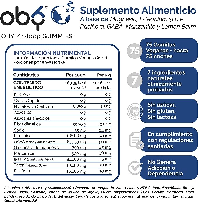 OBY Zzzleep GUMMIES 75 Gomitas de Magnesio, GABA, 5HTP, Pasiflora, Toronjil, L Teanina y Manzanilla | Suplemento alimenticio 100% Vegano - Sabor Mora Azul Sin azucar