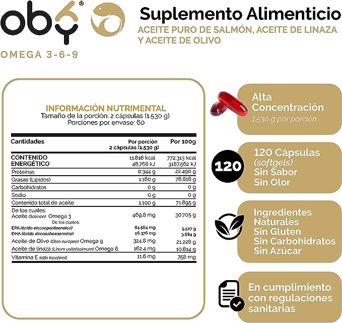 Suplemento Triple Omega OBY 3 6 9 con Vitamina E - 120 Capsulas
