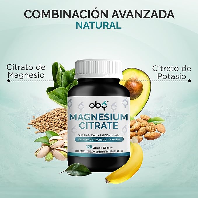 OBY MAGNESIUM CITRATE | Citrato de Magnesio y Citrato De Potasio - 120 Cápsulas para hasta 4 meses | Combinación de Ingredientes Naturales Citrato de Magnesio y Potasio capsulas 