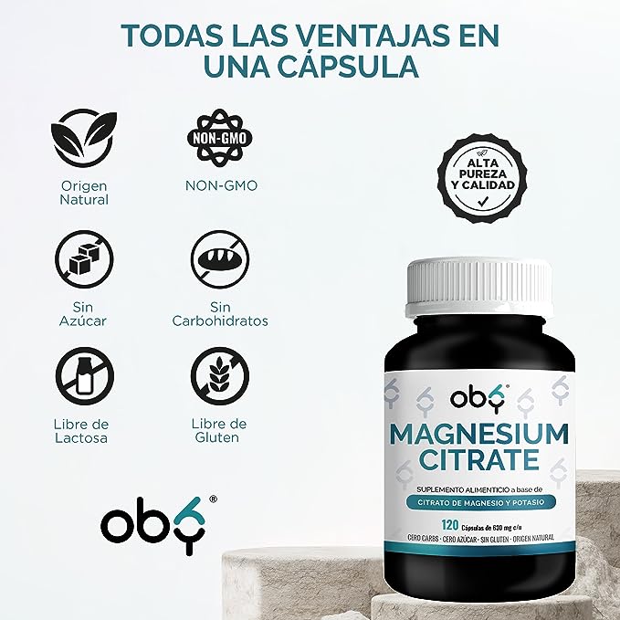 OBY MAGNESIUM CITRATE | Citrato de Magnesio y Citrato De Potasio - 120 Cápsulas para hasta 4 meses | Combinación de Ingredientes Naturales Citrato de Magnesio y Potasio capsulas 