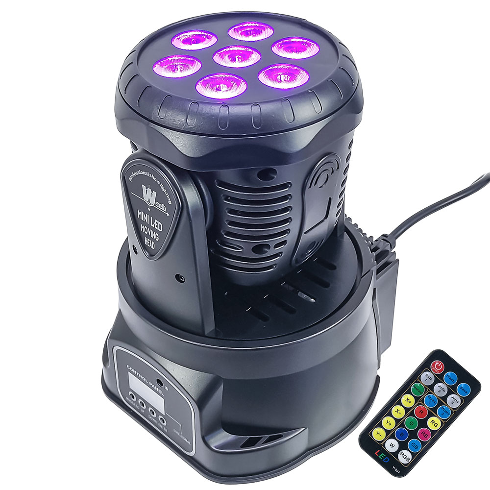 Reflector para Iluminacion Nocturna de Fiestas y Eventos en Cabeza Robotica con Protocolo DMX Multiples Haces de Luz y Amplia Gama de Colores Modo Audioritmico y Control Remoto Master RC-MINIHEADR	
