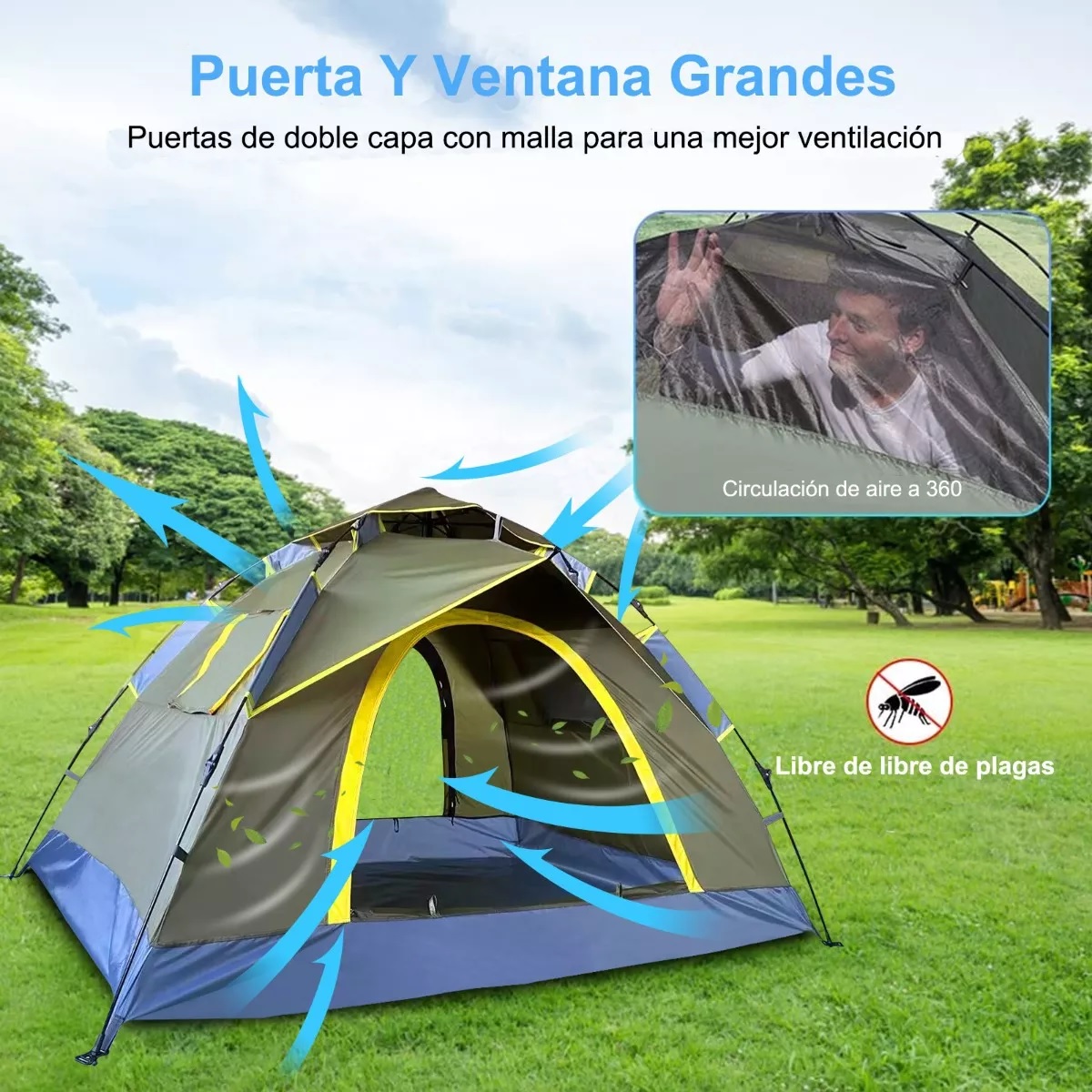 Tienda de campaña para camping, tienda de campaña familiar para 2 4  personas con 2 puertas y 2 ventanas de malla, tienda instantánea portátil