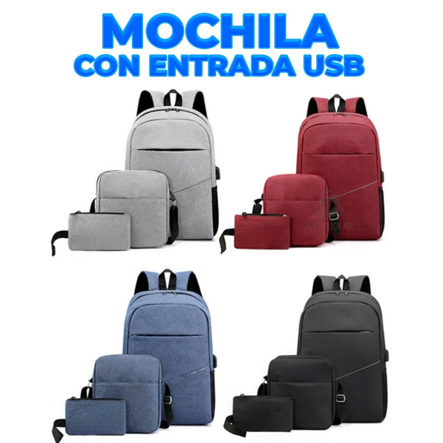 Juego Set 3 Mochilas Escolar y Viaje Con Puerto USB