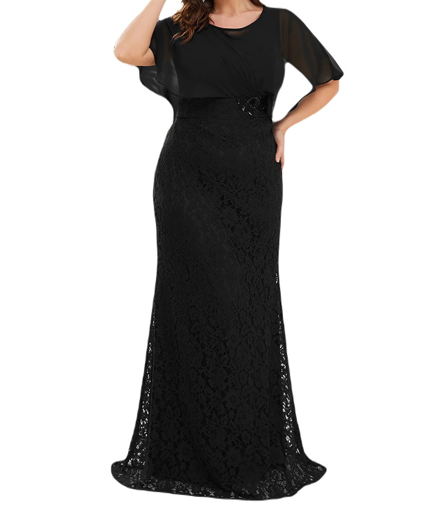 Vestido Elegante de Fiesta Largo Negro Corte Sirena Capita con Olanes Curvy T Ch a Talla Extra