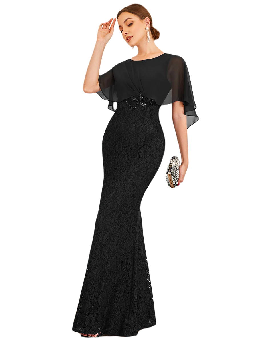 Vestido Elegante de Fiesta Largo Negro Corte Sirena Capita con Olanes Curvy T Ch a Talla Extra