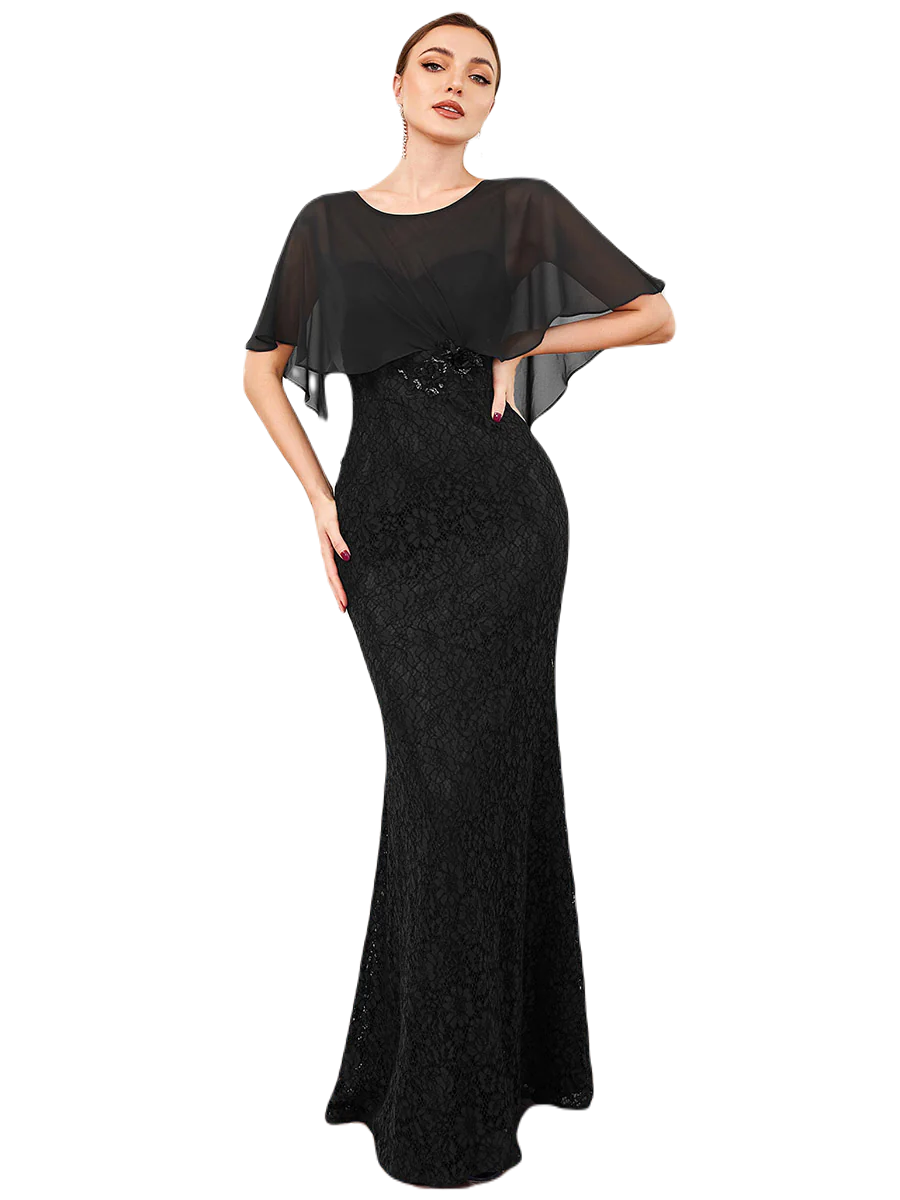 Vestido Elegante de Fiesta Largo Negro Corte Sirena Capita con Olanes Curvy T Ch a Talla Extra