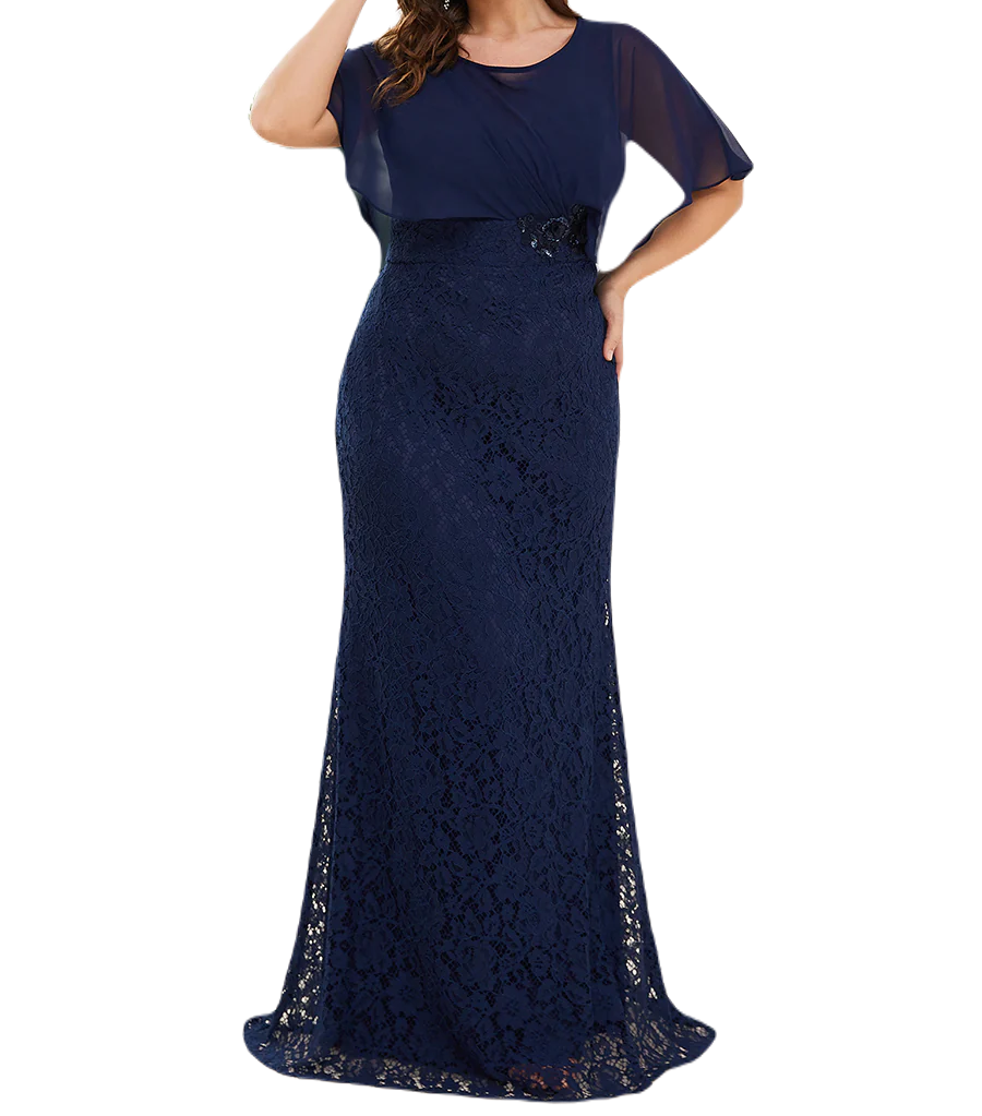 Vestido Elegante de Fiesta Largo Azul Marino Corte Sirena Capita con Olanes Curvy T Ch a Talla Extra