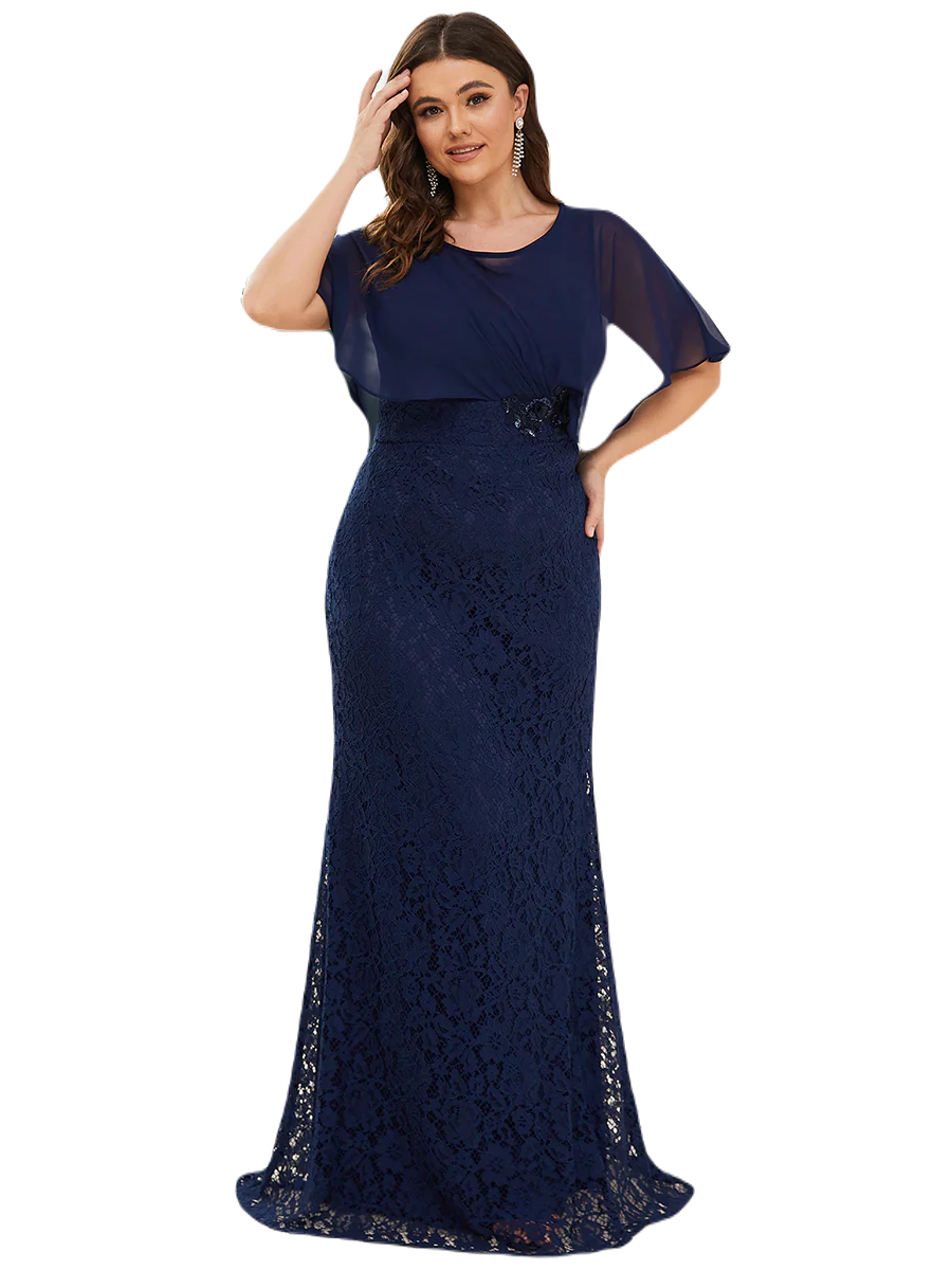 Vestido Elegante de Fiesta Largo Azul Marino Corte Sirena Capita con Olanes Curvy T Ch a Talla Extra