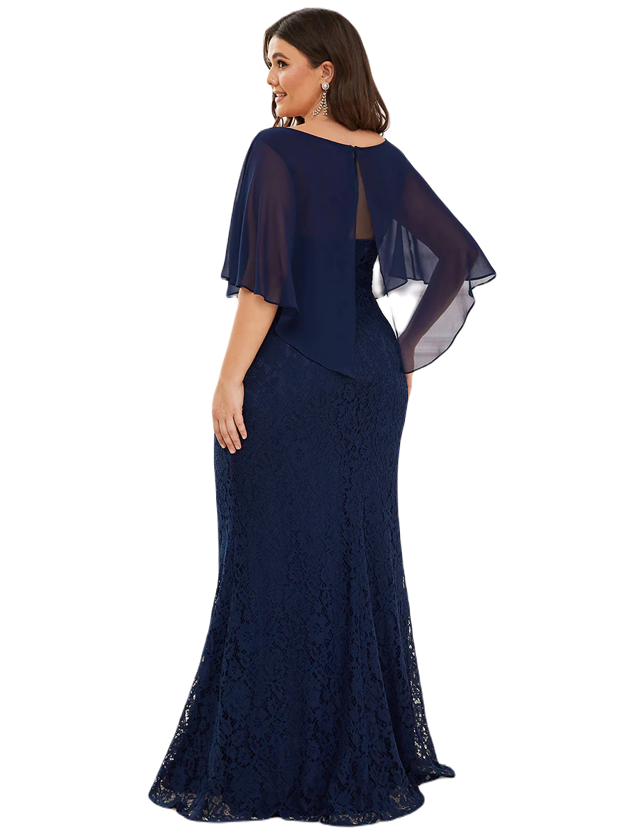 Vestido Elegante de Fiesta Largo Azul Marino Corte Sirena Capita con Olanes Curvy T Ch a Talla Extra