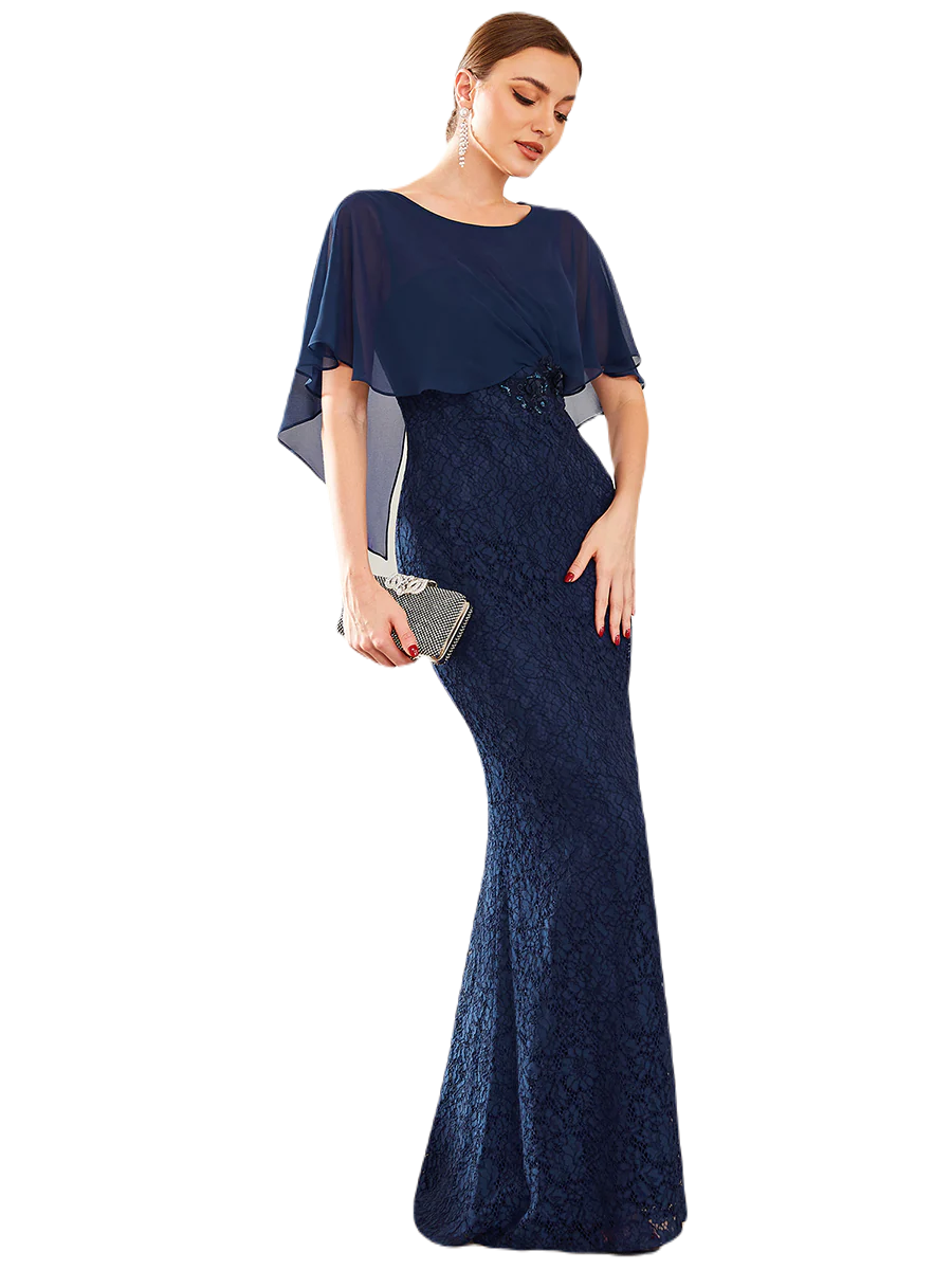 Vestido Elegante de Fiesta Largo Azul Marino Corte Sirena Capita con Olanes Curvy T Ch a Talla Extra
