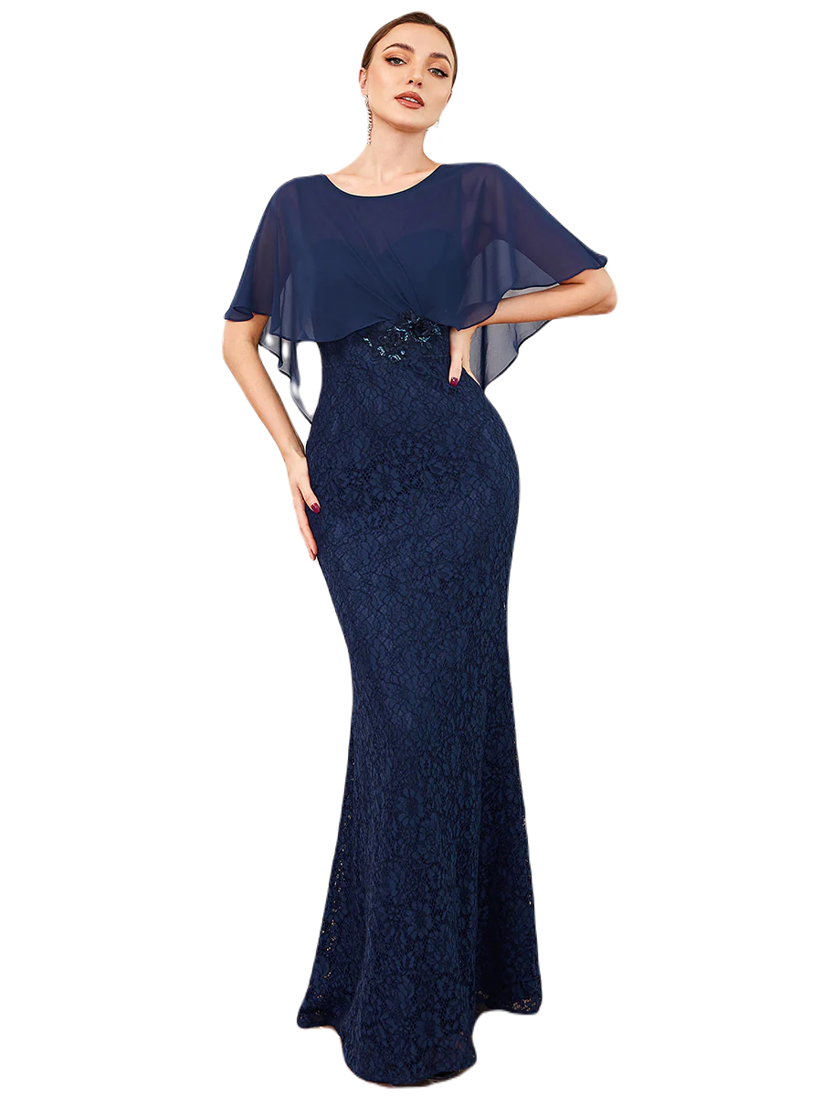 Vestido Elegante de Fiesta Largo Azul Marino Corte Sirena Capita con Olanes Curvy T Ch a Talla Extra