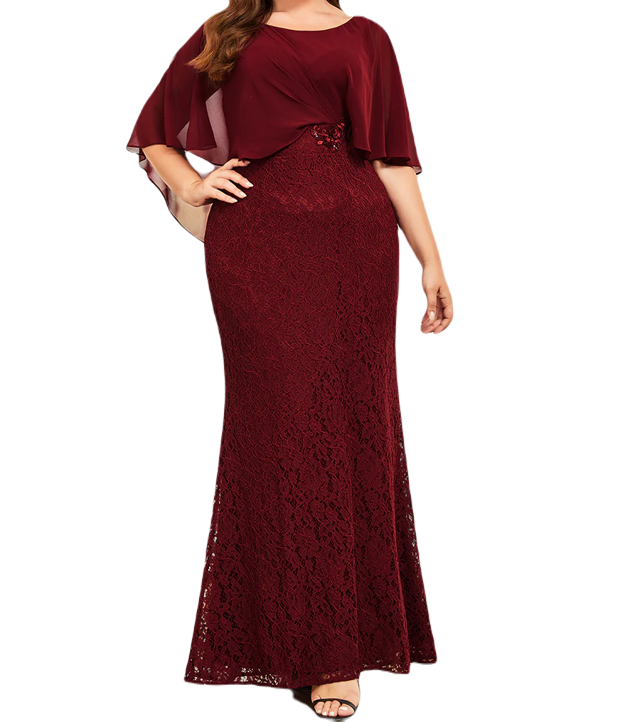 Vestido Elegante de Fiesta Largo Guinda Vino Corte Sirena Capita con Olanes Curvy T Ch a Talla Extra