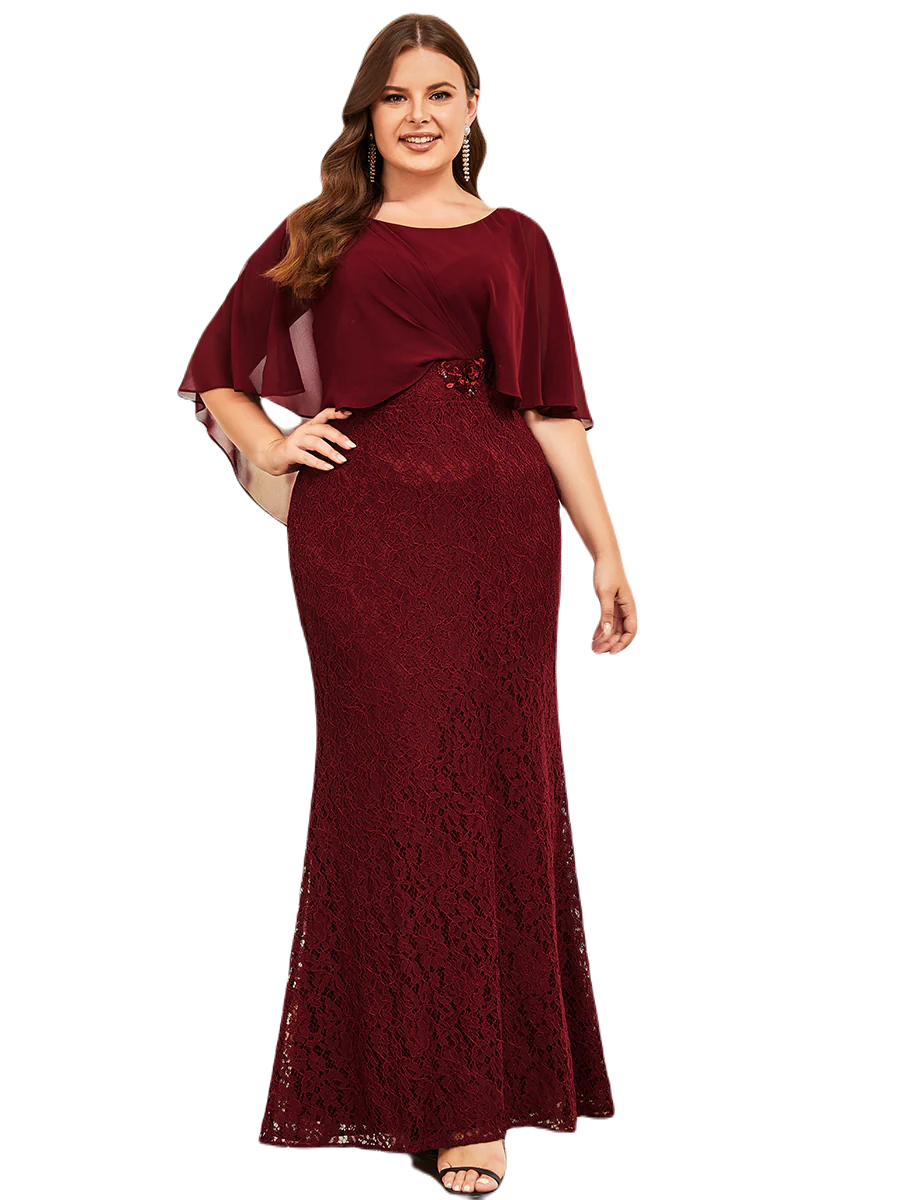 Vestido Elegante de Fiesta Largo Guinda Vino Corte Sirena Capita con Olanes Curvy T Ch a Talla Extra