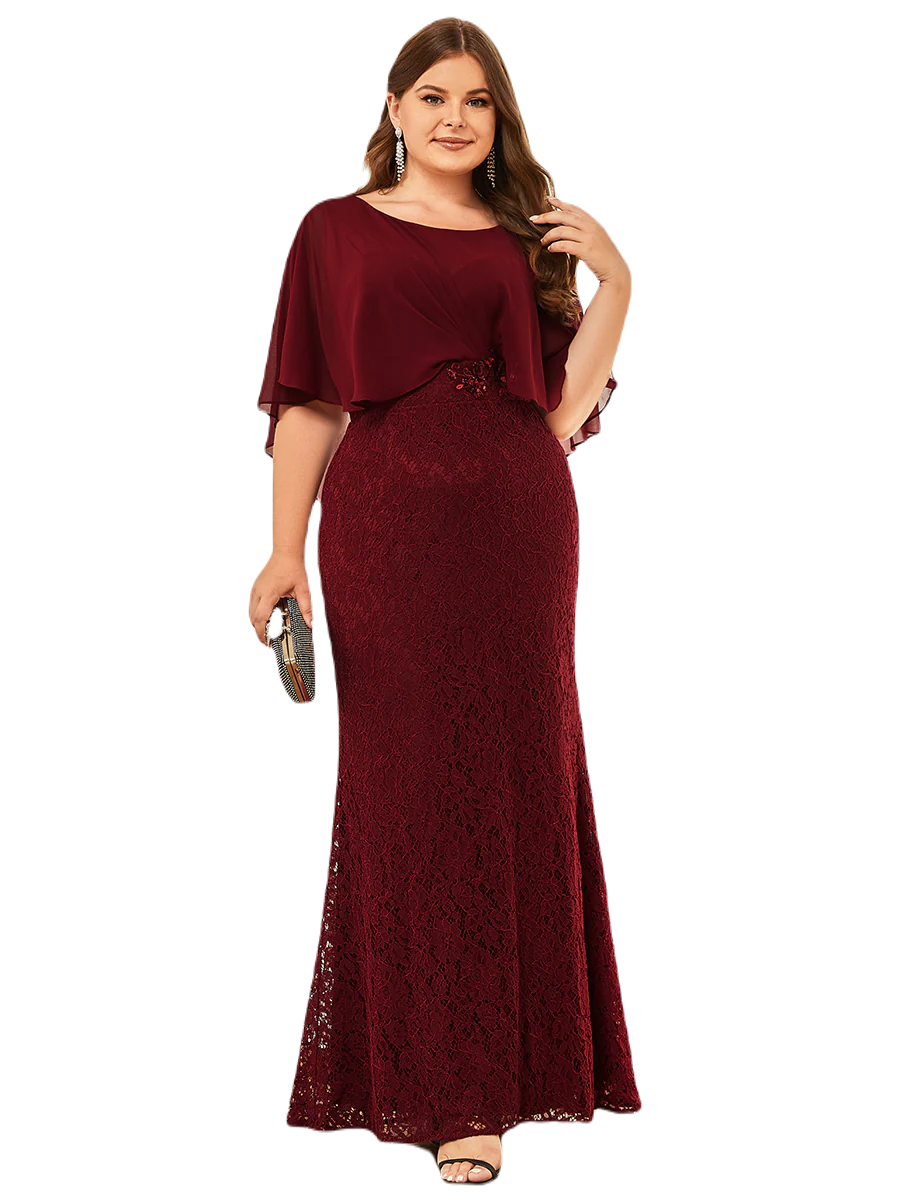 Vestido Elegante de Fiesta Largo Guinda Vino Corte Sirena Capita con Olanes Curvy T Ch a Talla Extra