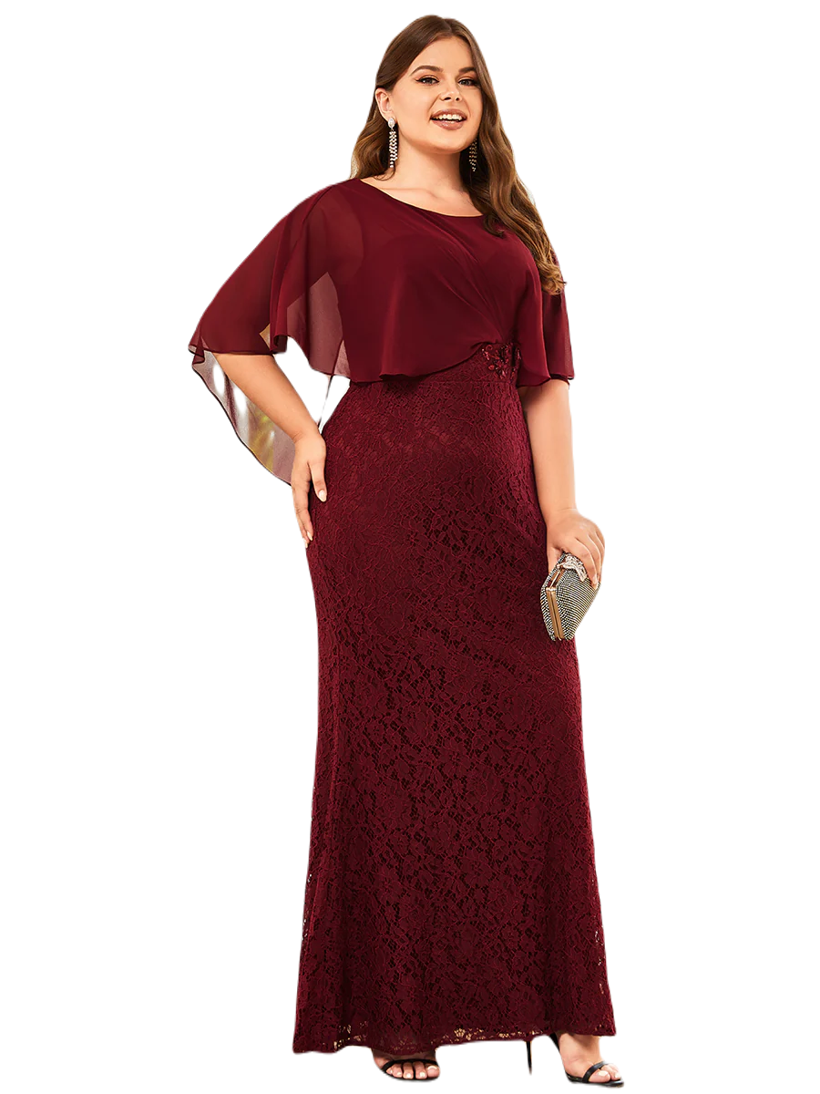 Vestido Elegante de Fiesta Largo Guinda Vino Corte Sirena Capita con Olanes Curvy T Ch a Talla Extra