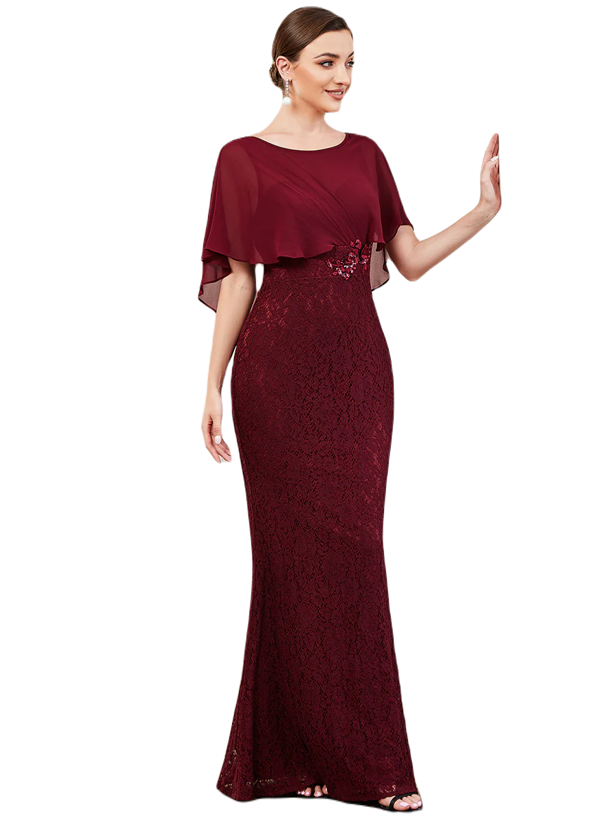 Vestido Elegante de Fiesta Largo Guinda Vino Corte Sirena Capita con Olanes Curvy T Ch a Talla Extra