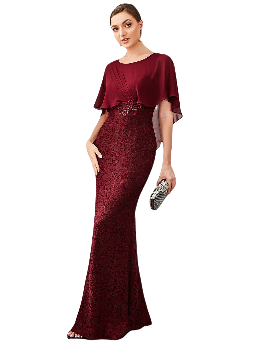 Vestido Elegante de Fiesta Largo Guinda Vino Corte Sirena Capita con Olanes Curvy T Ch a Talla Extra