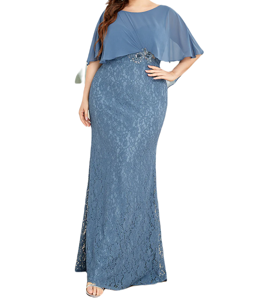 Vestido Elegante de Fiesta Largo Azul Acero Corte Sirena Capita con Olanes Curvy T Ch a Talla Extra